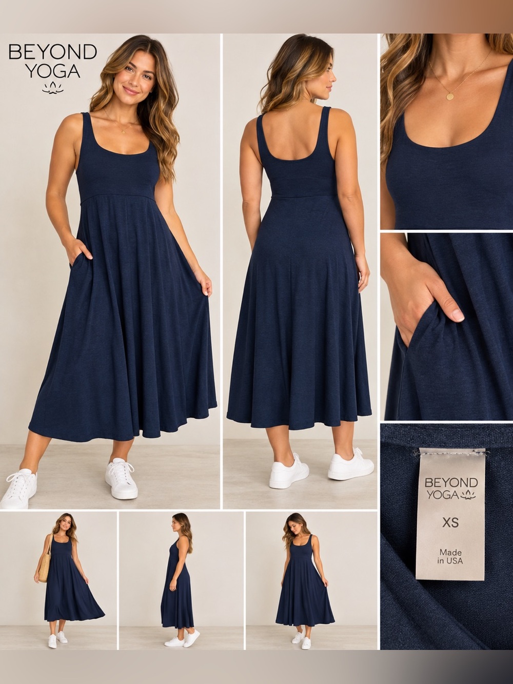 Beyond Yoga Navy Blue Sleeveless Midi Dress A-Line Flowy Stretch XS